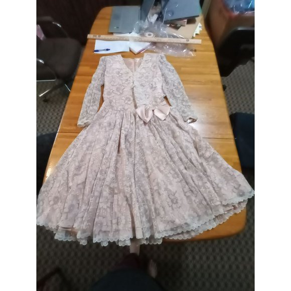 Vintage floral lace MIDI peach formal Denise wedding dress women's 12 - Picture 1 of 16